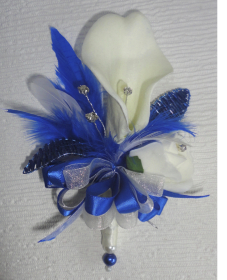 Real Touch Ivory Calla Lily & Royal Blue Feather & Gem Corsage